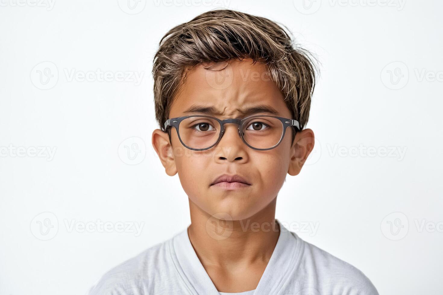 Young boy with glasses looking upset photo