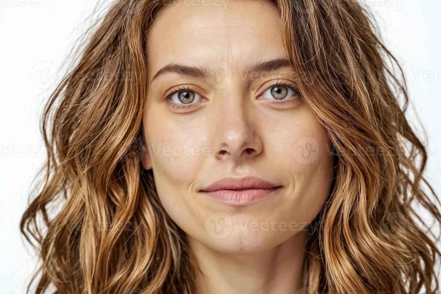 Close-up portrait of a young woman with wavy hair and a soft smile photo
