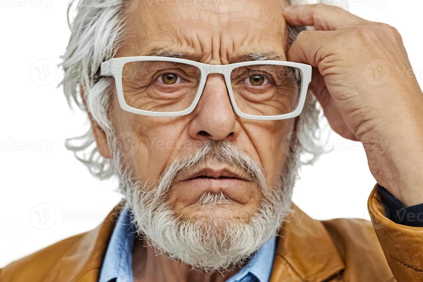 Close-up portrait of a thoughtful senior man with a white beard and glasses photo