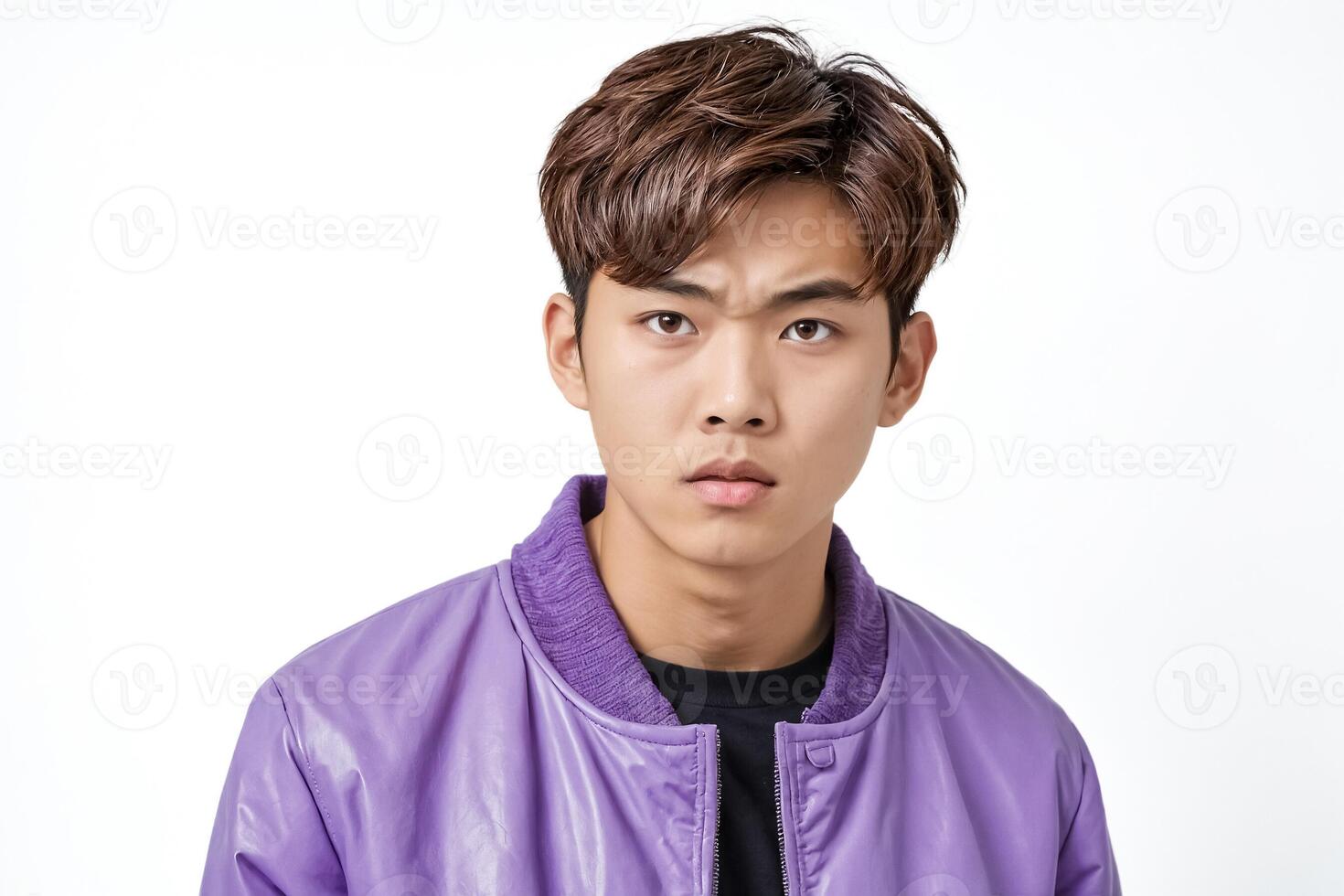 Young man in purple jacket looks serious photo