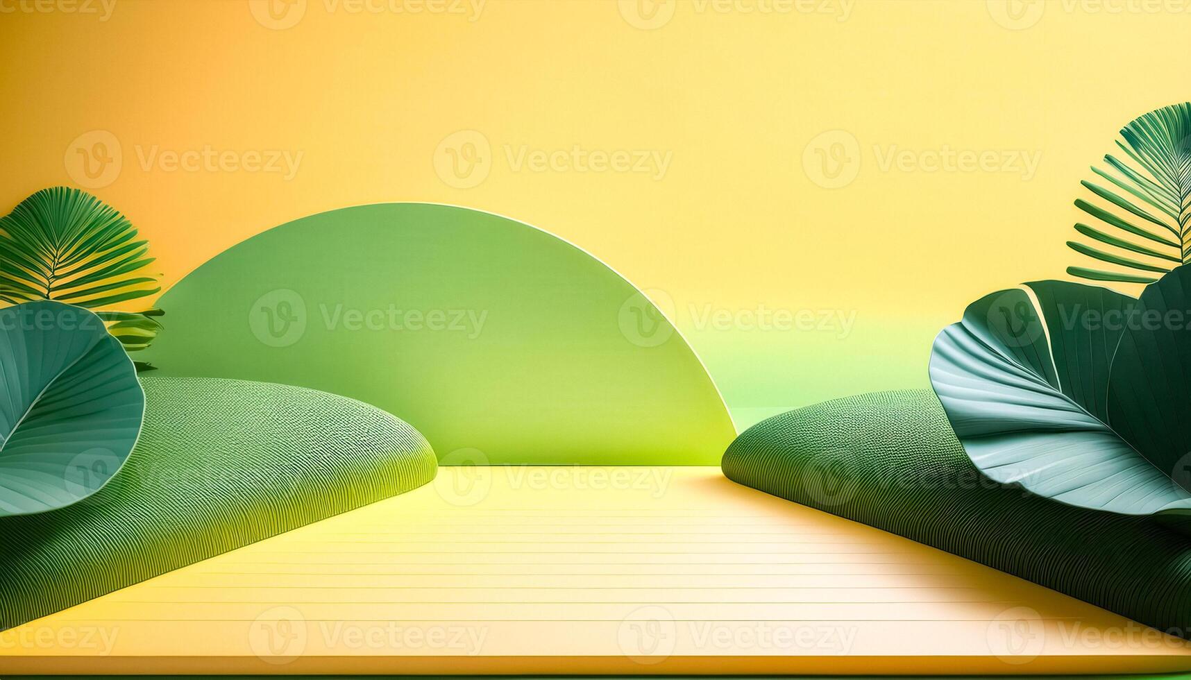 Yellow and green tropical product display with palm leaves photo
