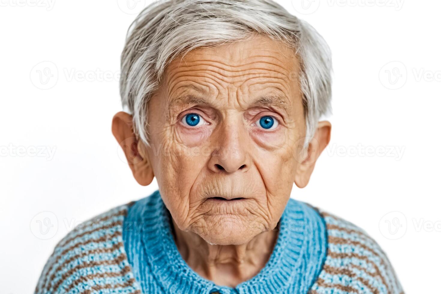 Elderly Woman with Blue Eyes and Wrinkled Skin photo