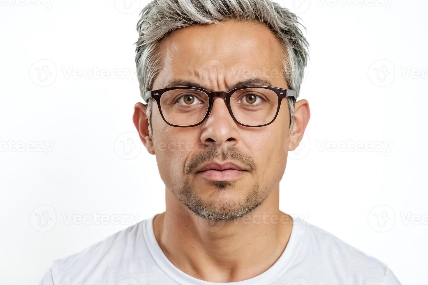 Portrait of a Skeptical Man with Gray Hair and Glasses photo