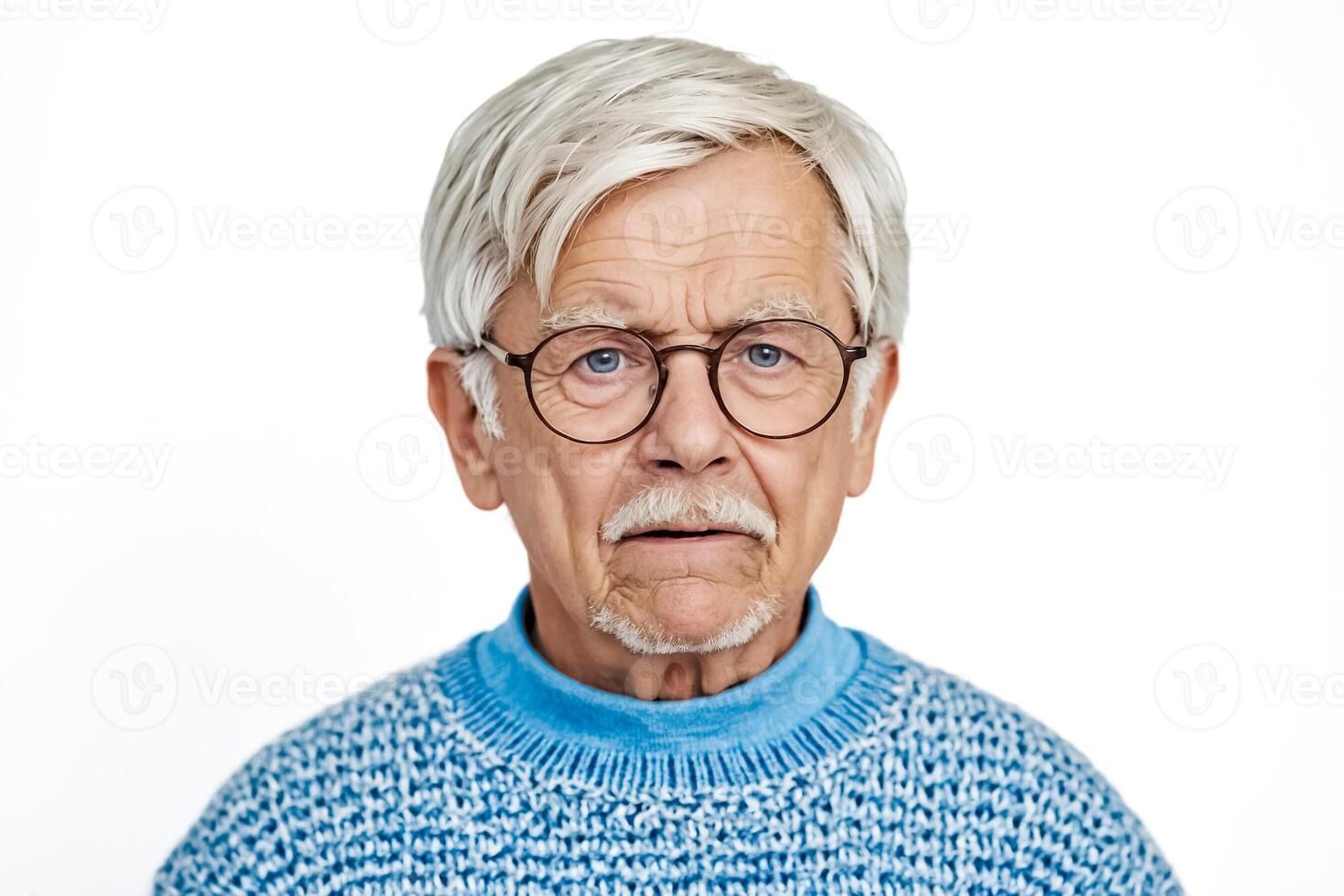 Senior man with white hair and blue eyes looking confused photo