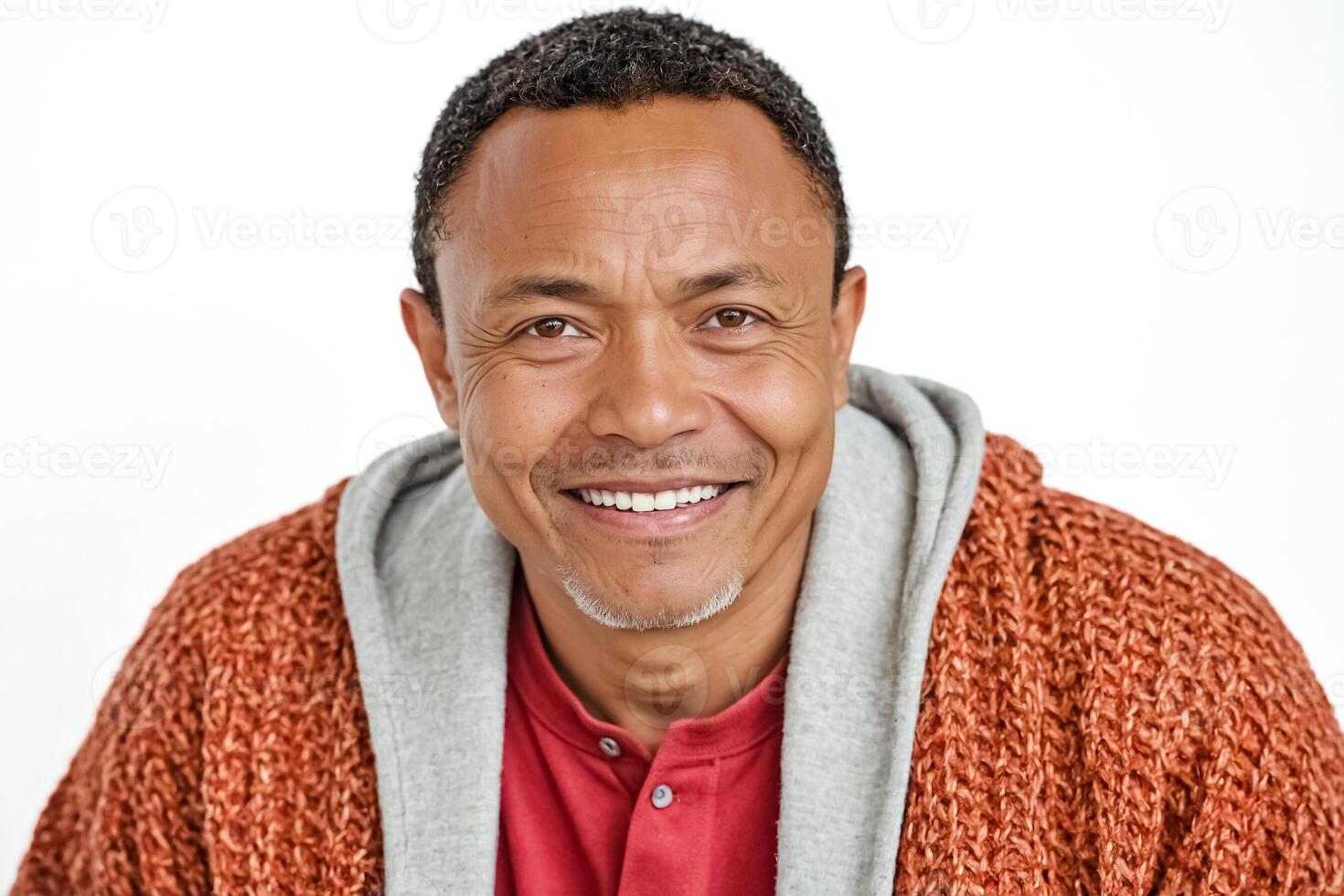 Portrait of a smiling man wearing a red and grey sweater photo