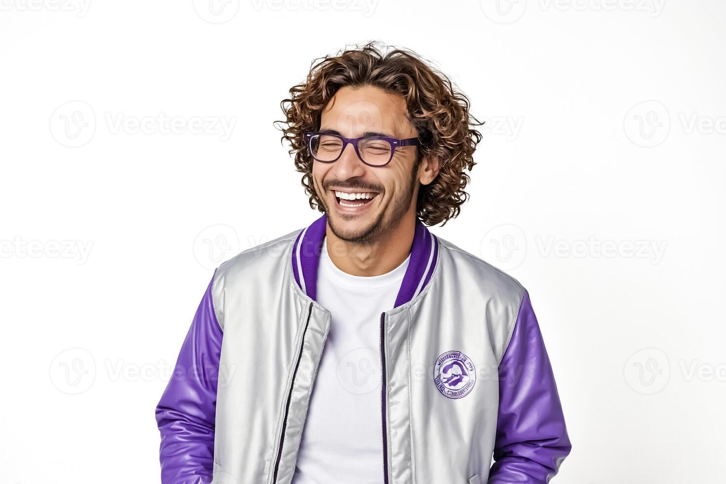 Happy Man Wearing a Purple and Gray Bomber Jacket photo