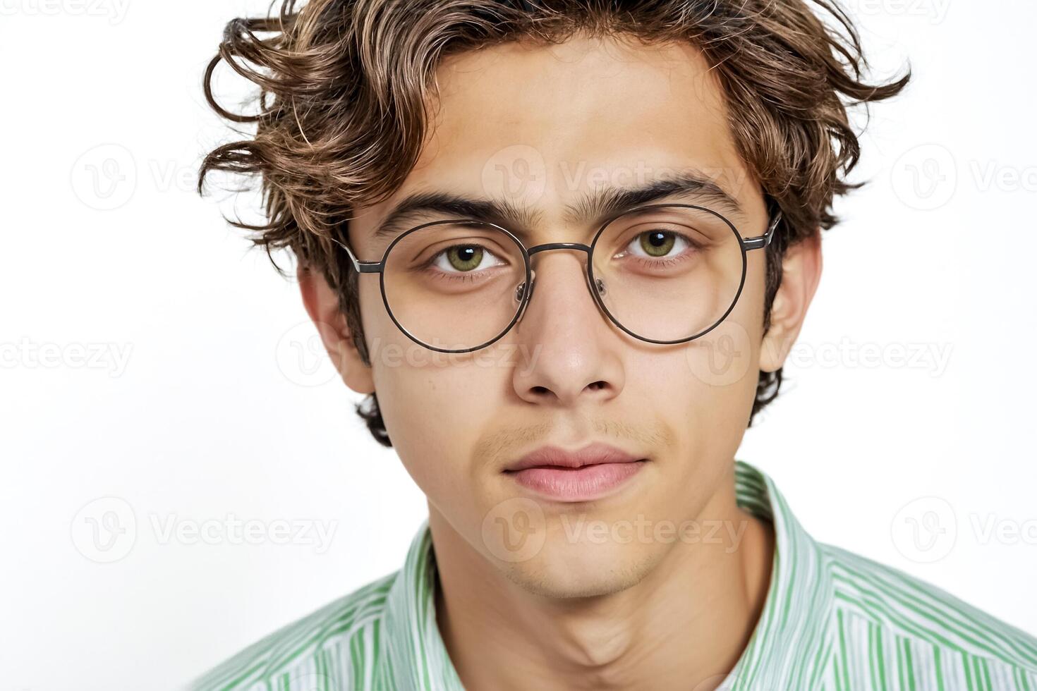 Portrait of a young man with green eyes and glasses photo