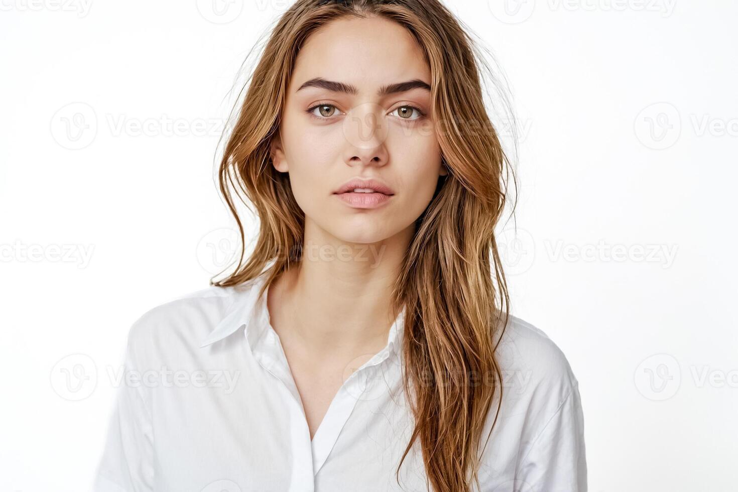 Beautiful Young Woman With Long Brown Hair and White Shirt photo