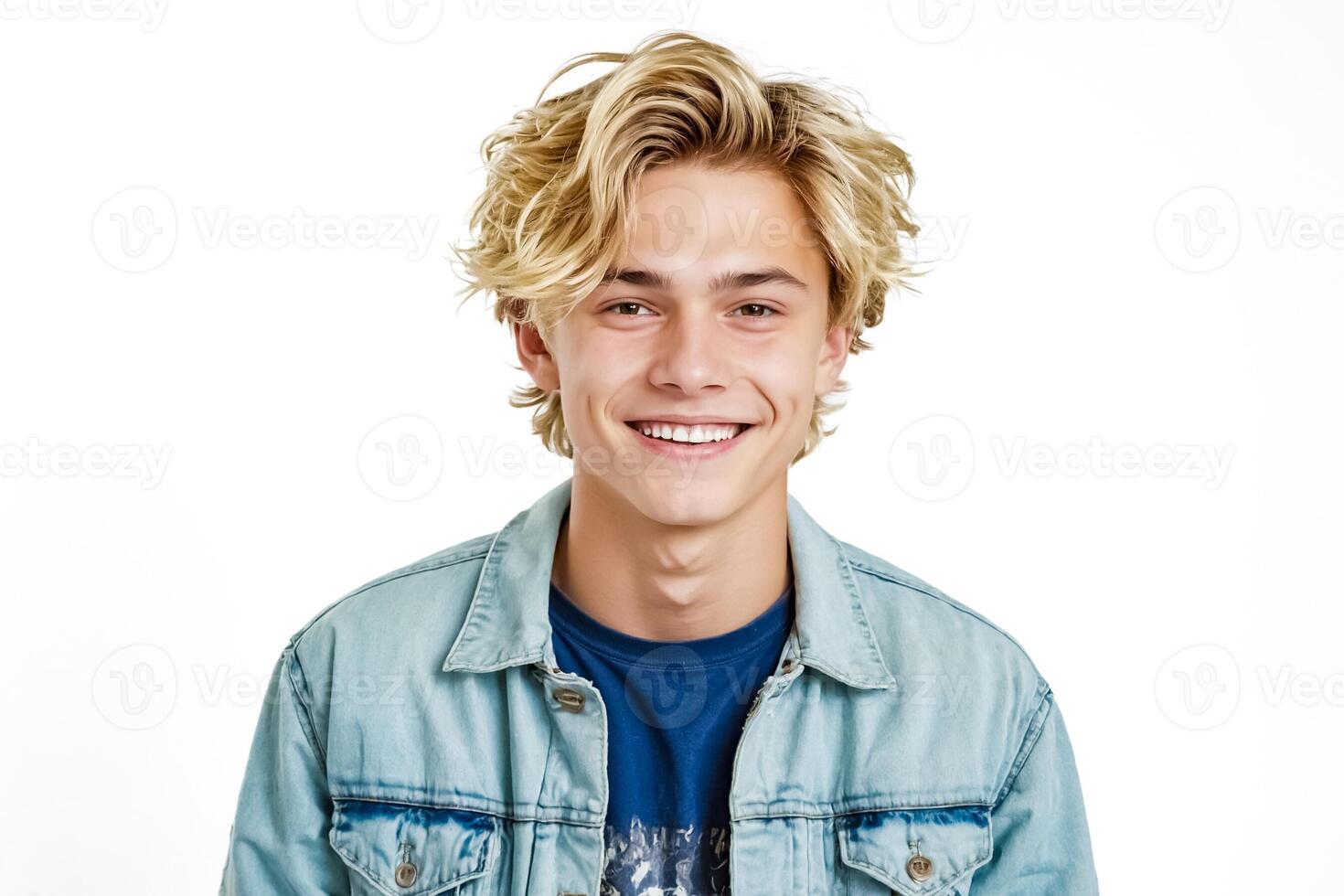 Young man with blond hair smiling in a denim jacket photo
