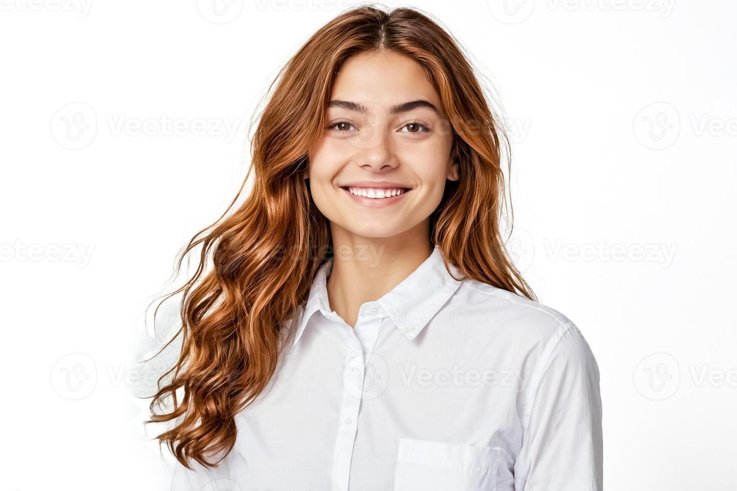 Portrait of a smiling woman with long brown hair and a white shirt photo