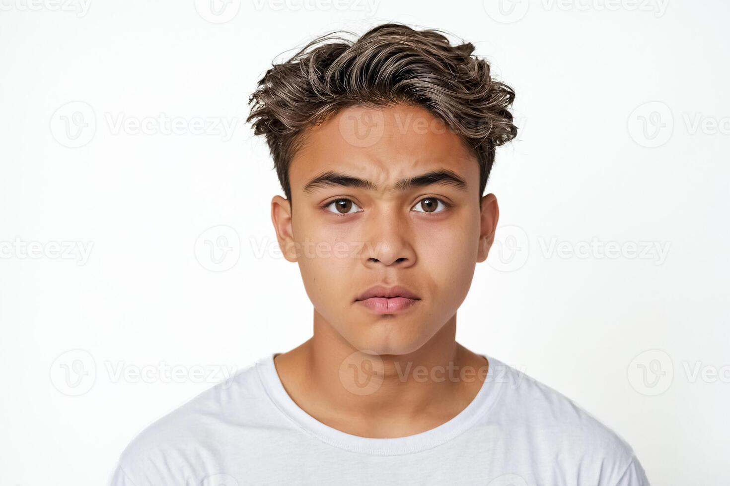 Portrait of a serious young man with brown hair looking at the camera photo