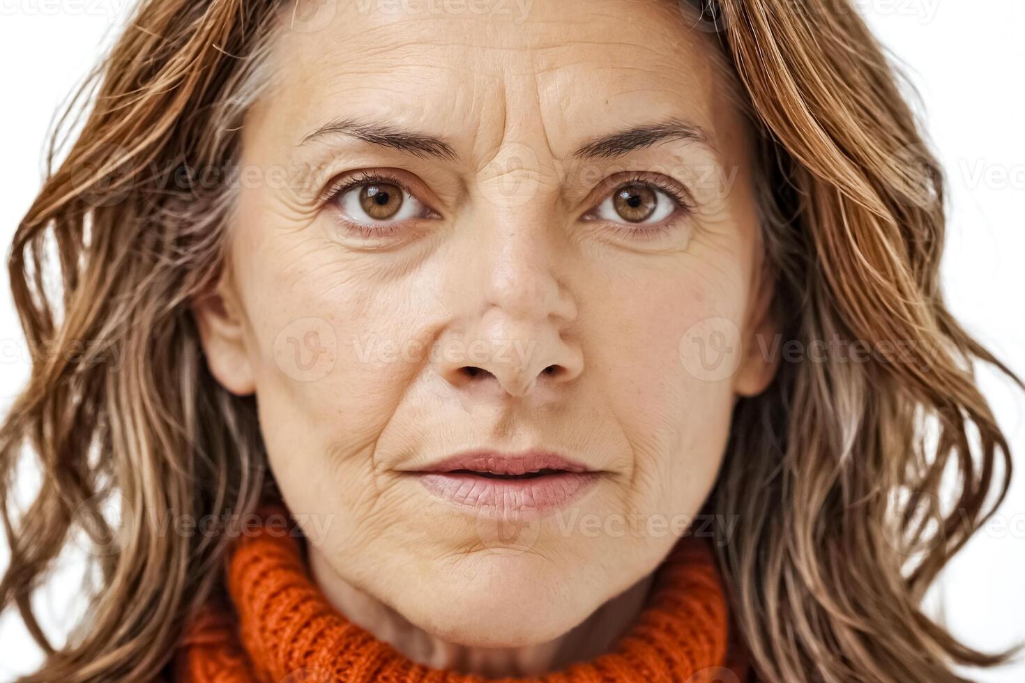 Close-up portrait of a mature woman with brown hair and brown eyes photo