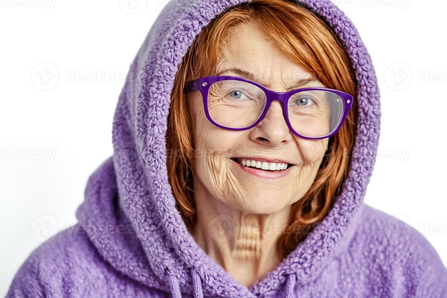 Smiling Senior Woman in Purple Hoodie photo