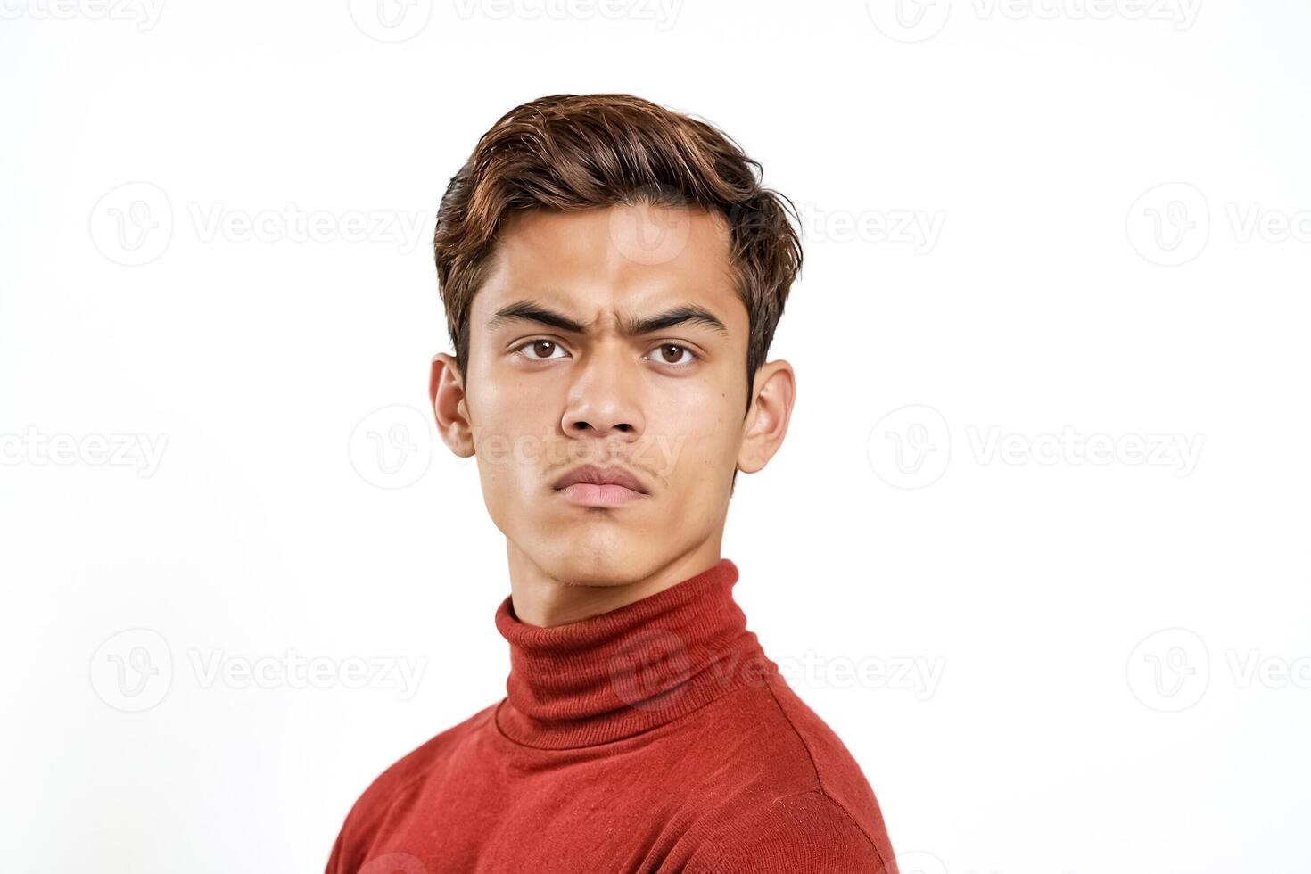 Portrait of a serious young man in a red turtleneck photo