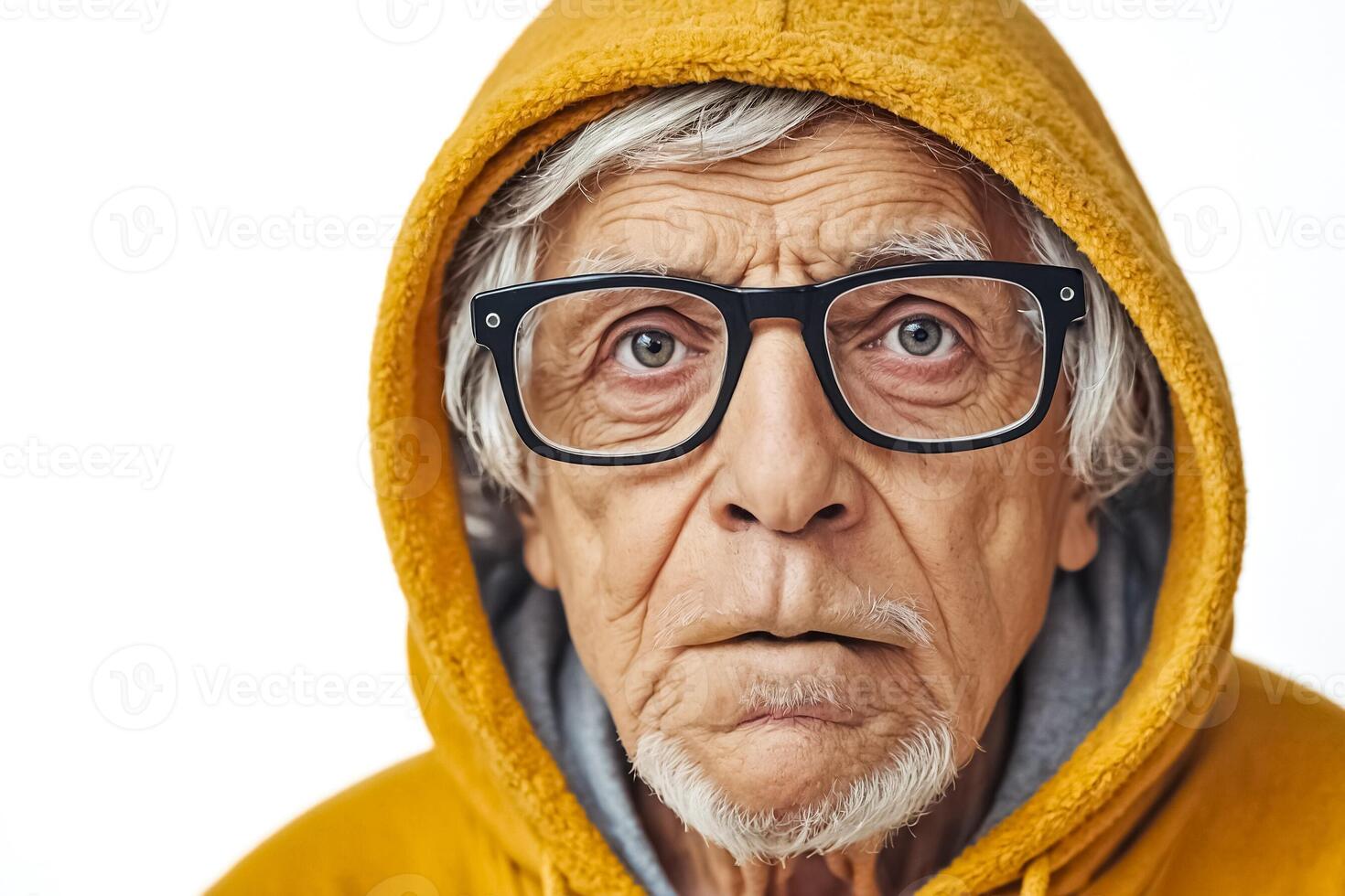 Close-up portrait of a senior man wearing a yellow hoodie and glasses photo