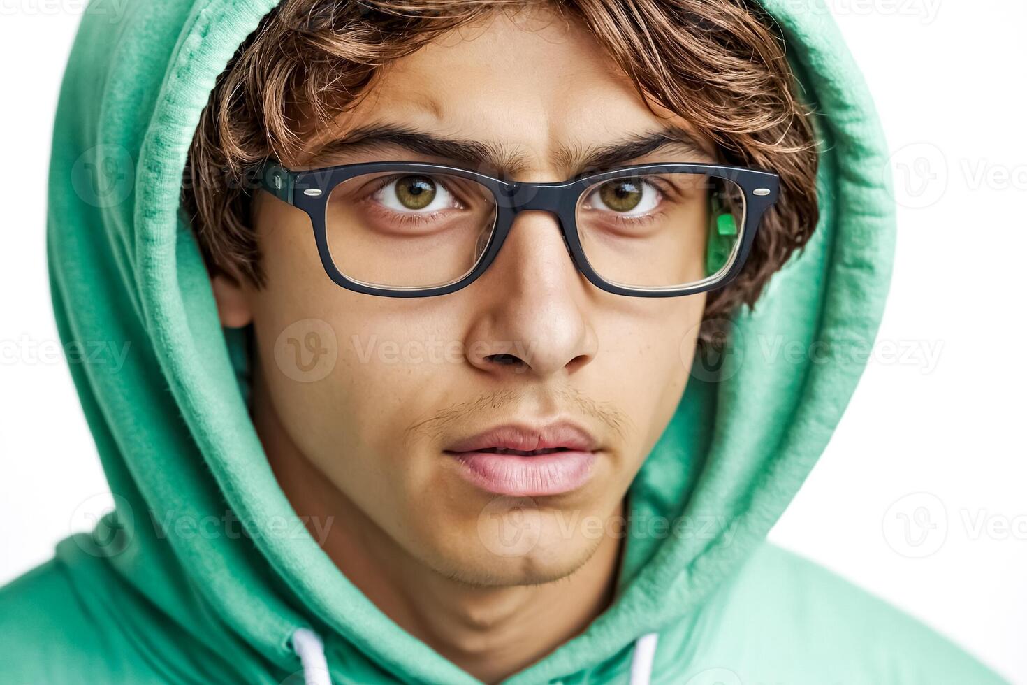 Closeup portrait of a young man with green hoodie and glasses looking off to the side photo