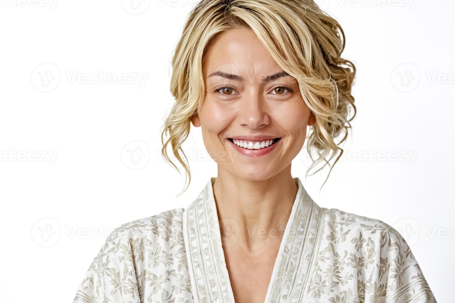 Portrait of a smiling woman in a white robe photo