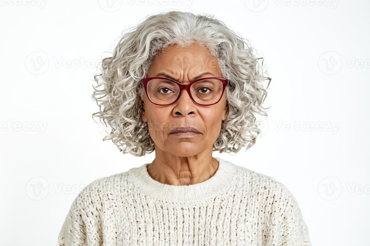 Portrait of a woman with grey hair, looking directly at the camera with a skeptical expression. photo