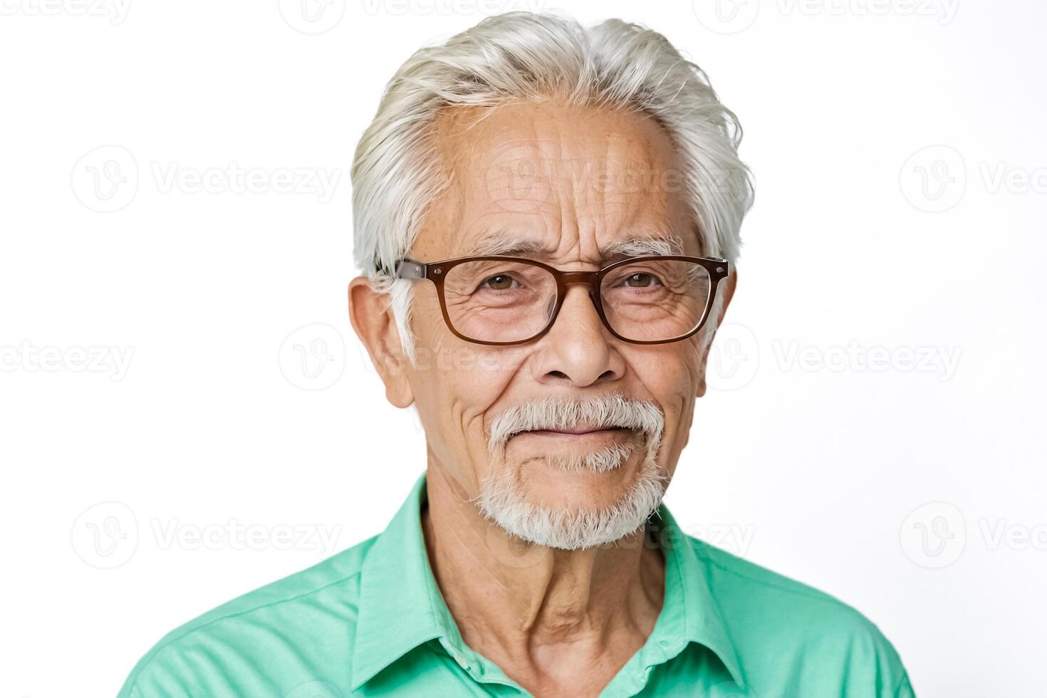 Senior man with gray hair and a mustache smiles at the camera photo