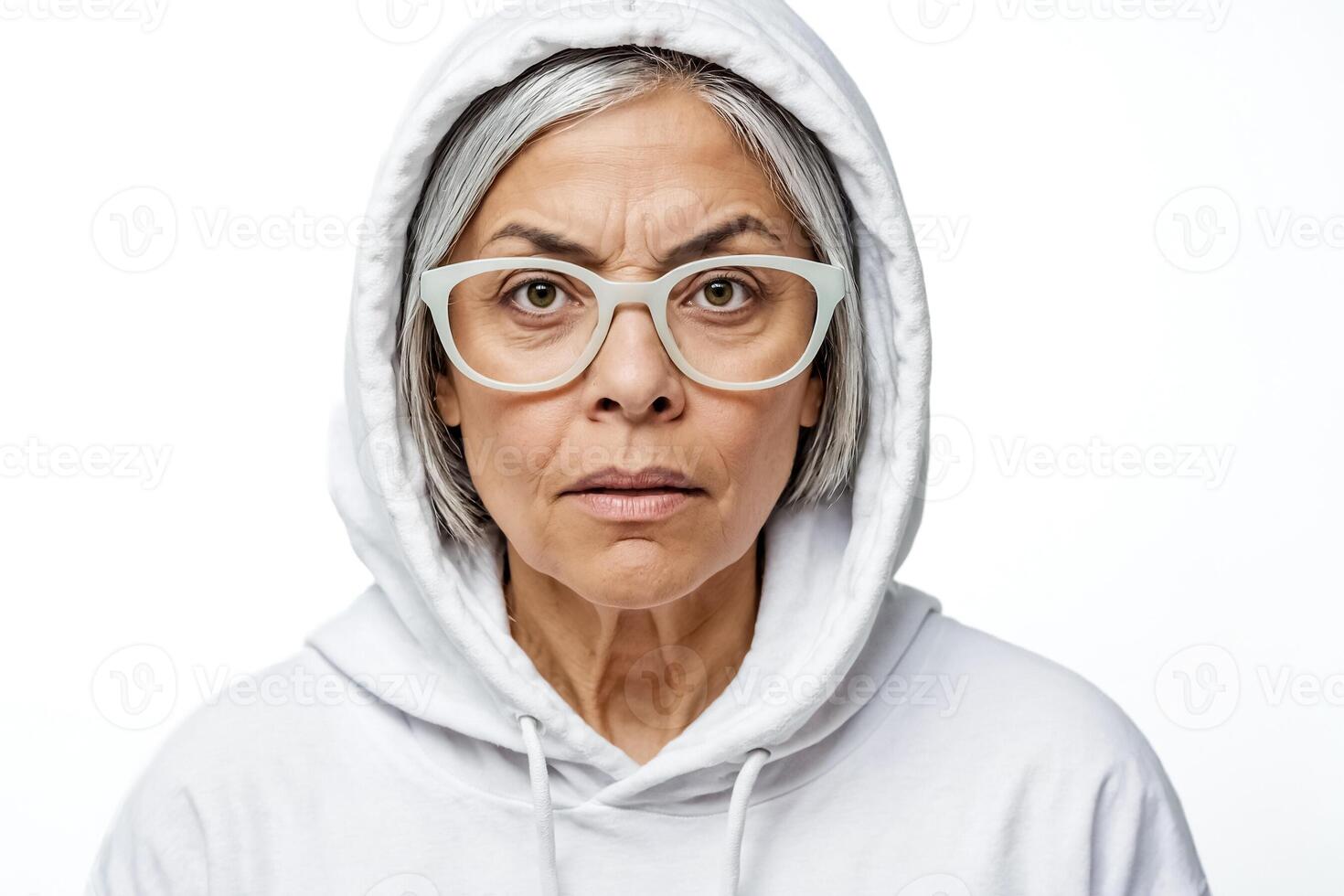 Portrait of a woman in a white hoodie with a skeptical expression photo