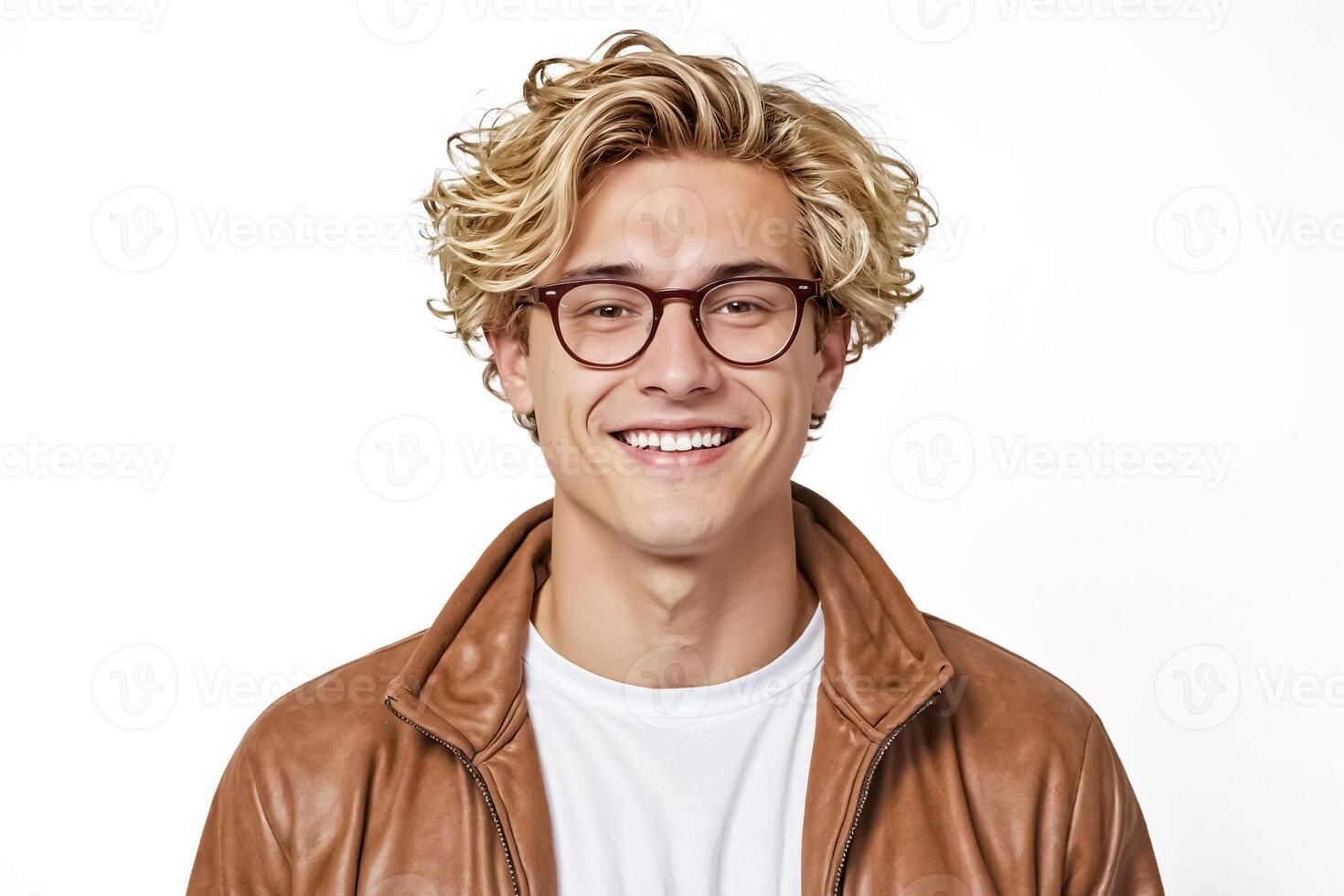 Portrait of a happy young man in glasses wearing a brown leather jacket photo