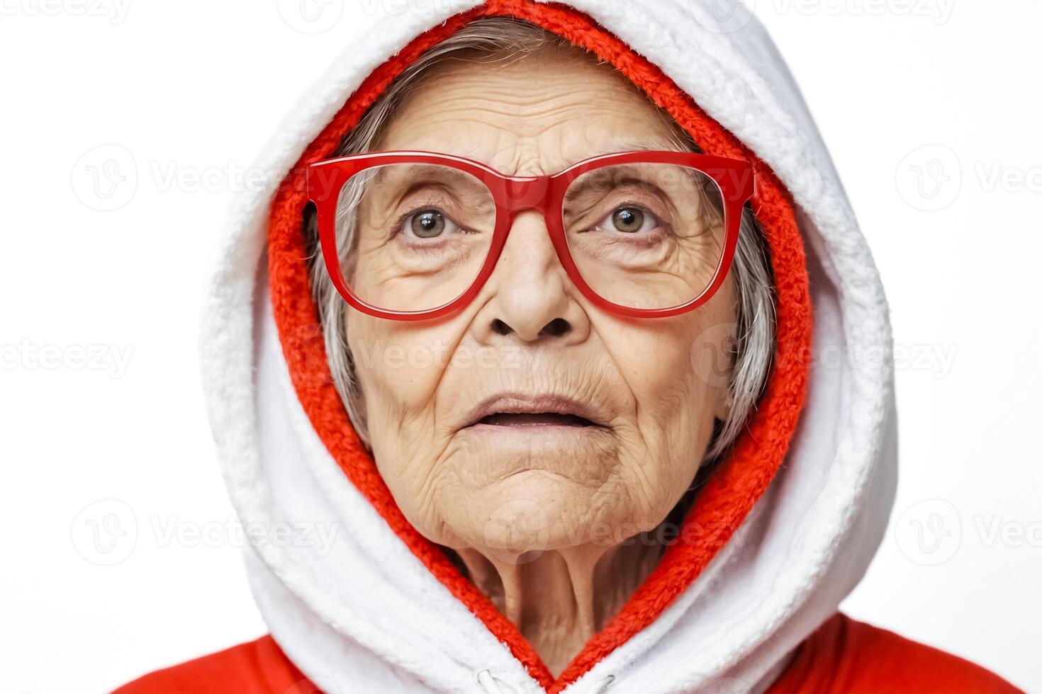 Senior Woman in Red and White Hoodie Looking at Camera photo