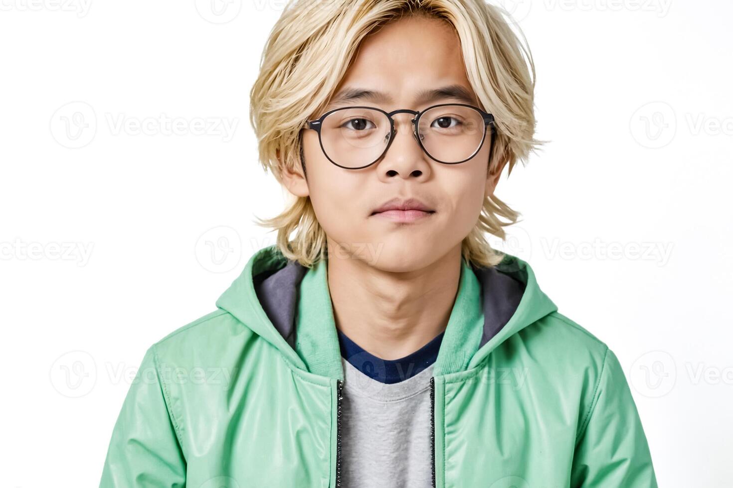 Young man with blonde hair wearing green jacket photo