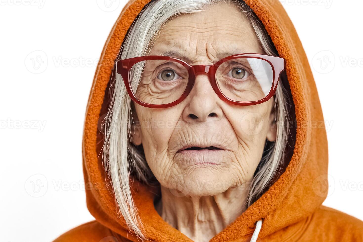 Close-up of a woman's face wearing an orange hoodie and red glasses photo