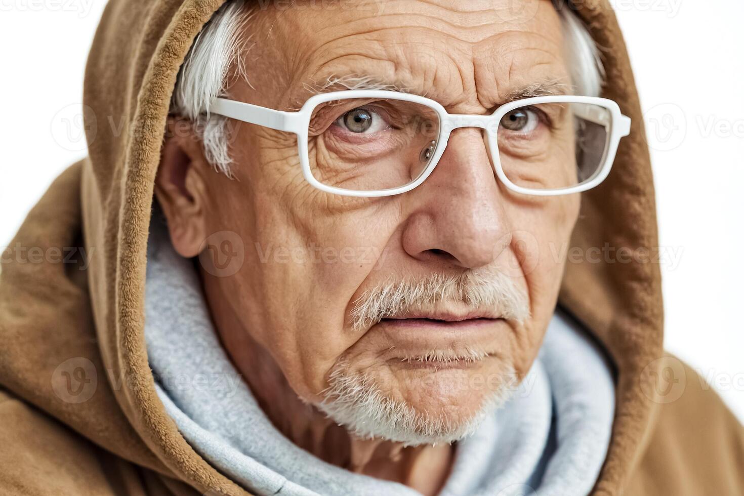Close-up Portrait of a Senior Man Wearing Glasses and a Brown Hoodie photo
