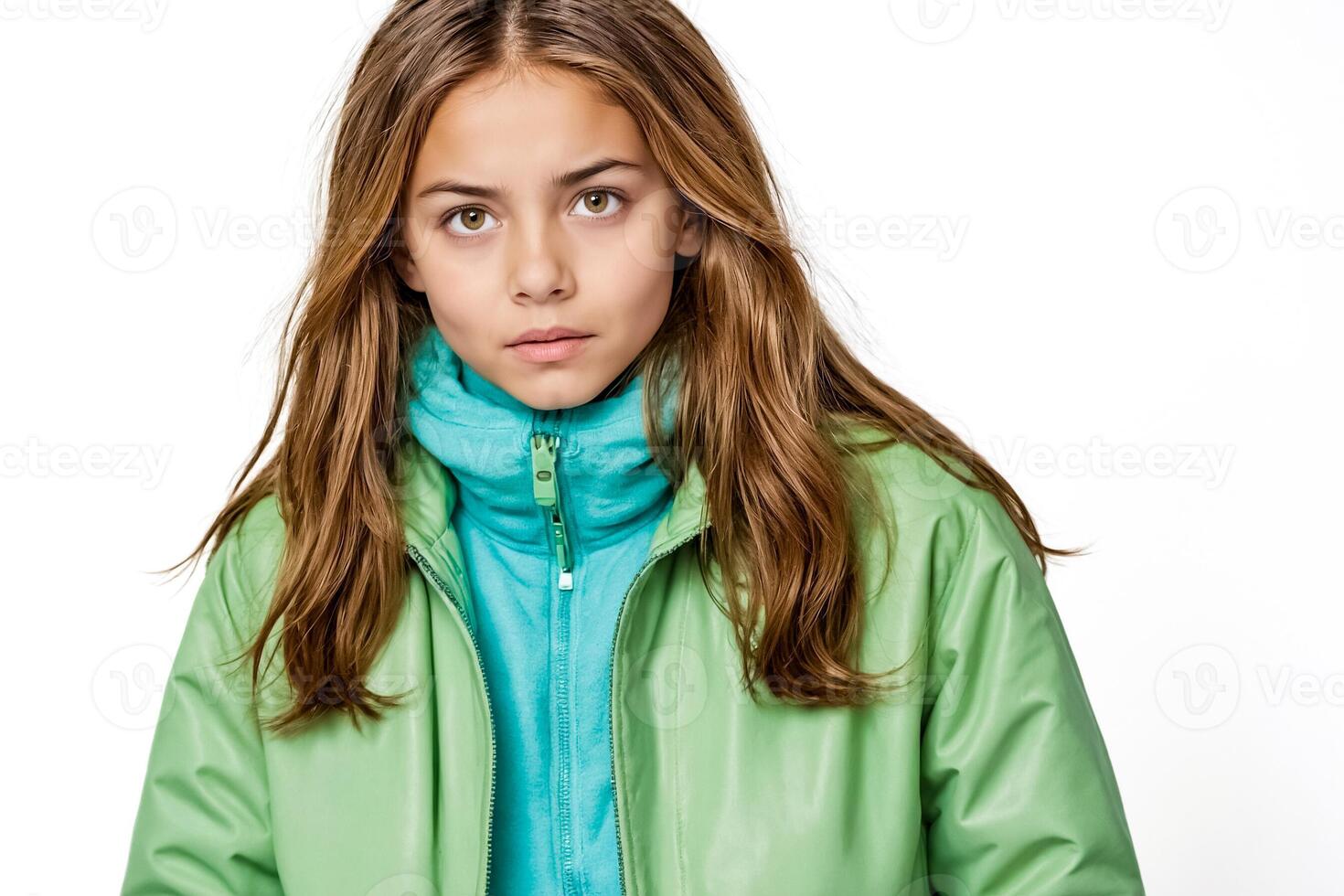 Young girl in green jacket with serious expression photo