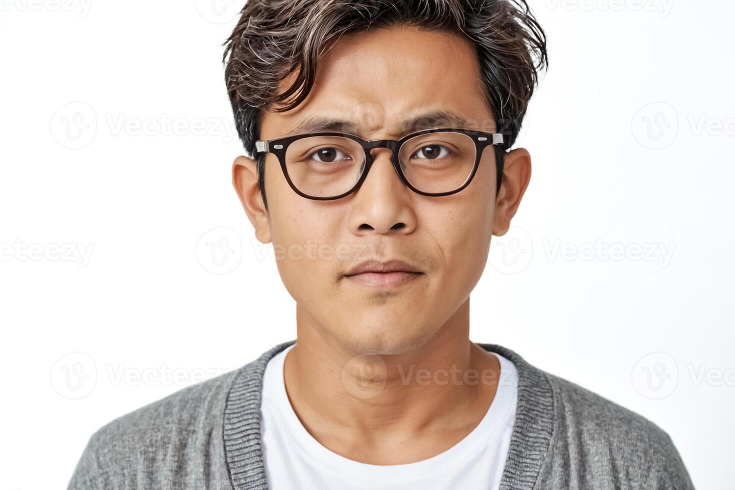 Young Man with Glasses Looking Thoughtful photo