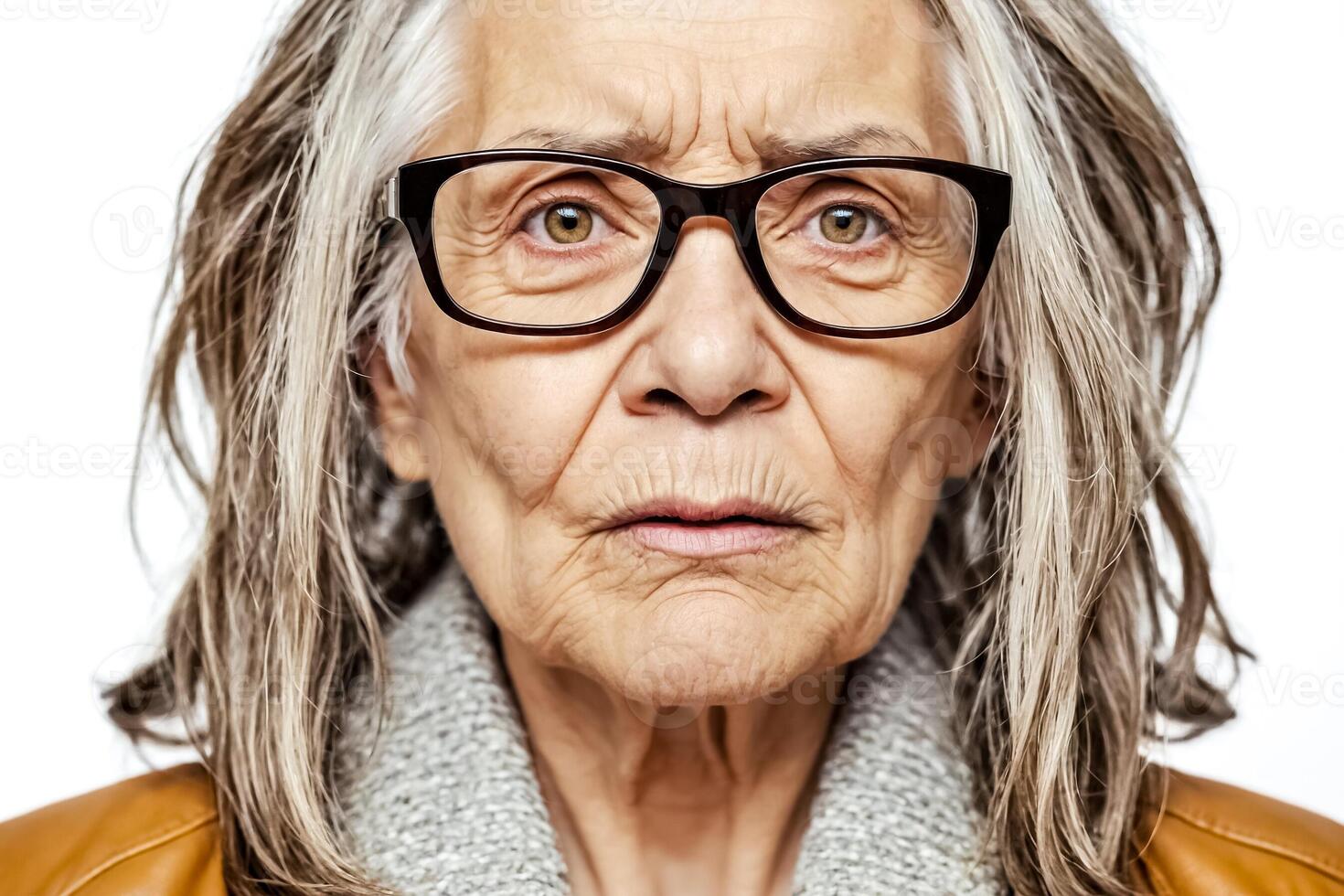 Close up portrait of an elderly woman with gray hair and glasses looking concerned photo