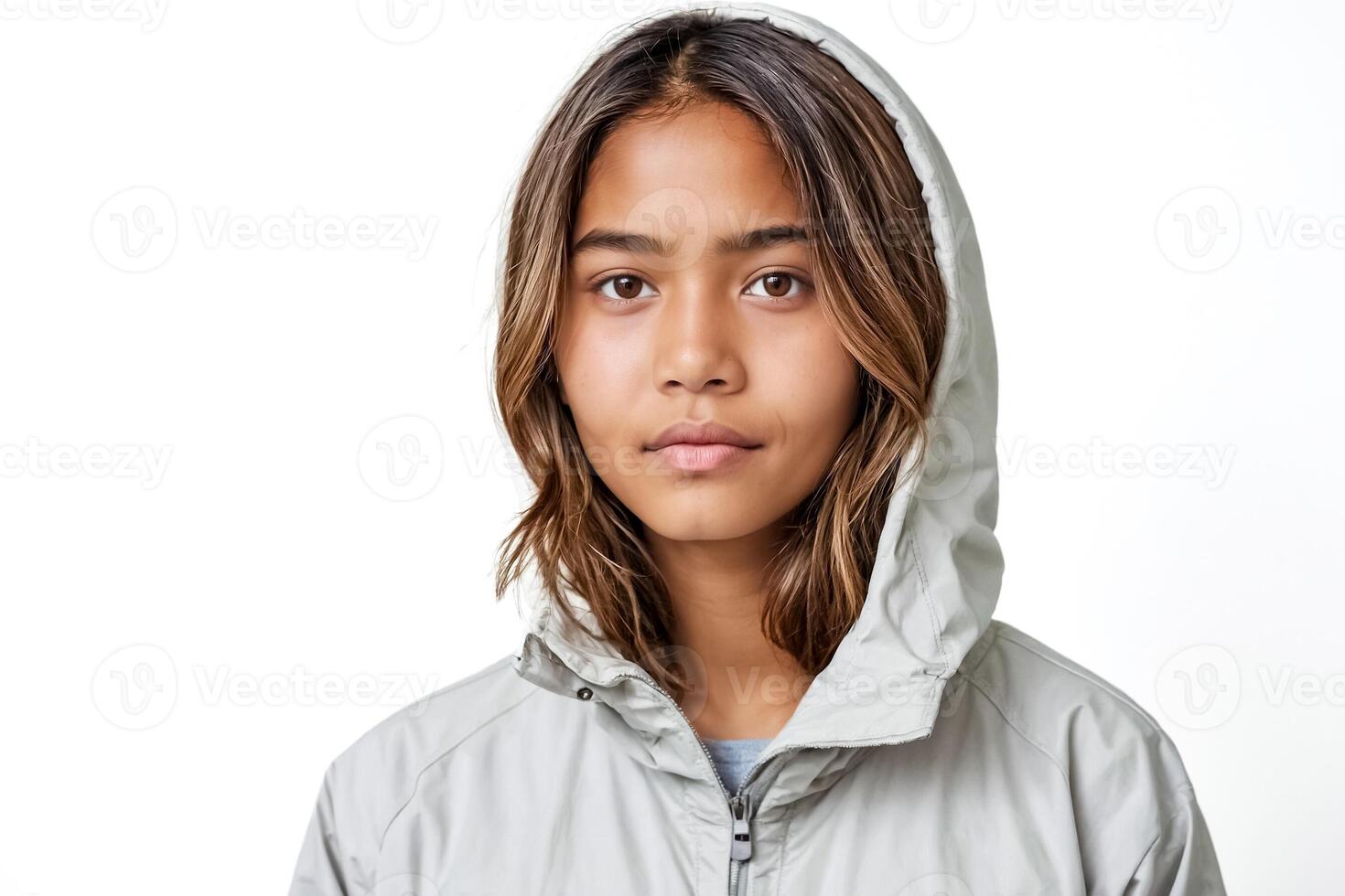 Portrait of a Young Woman with Long Brown Hair Wearing a Gray Hoodie photo