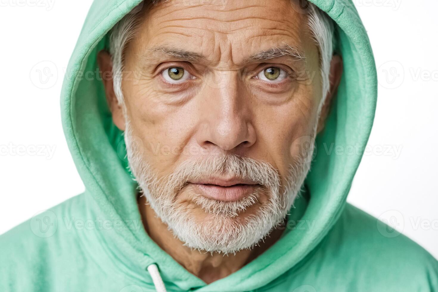 Close-up Portrait of Senior Man Wearing Green Hoodie photo