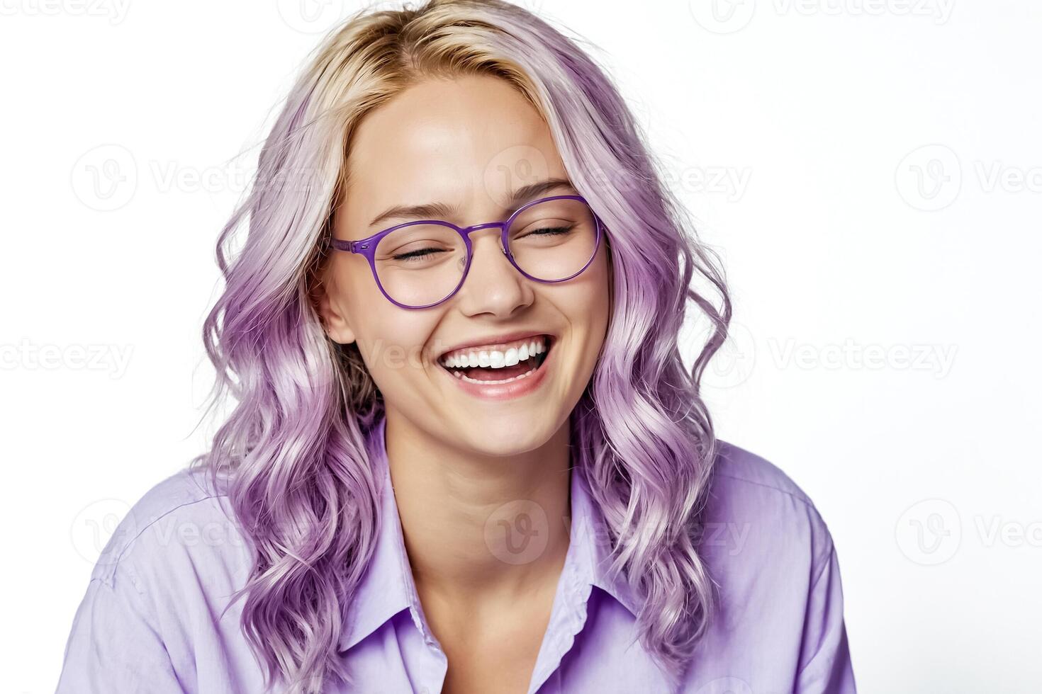 Portrait of a young woman with purple hair laughing photo