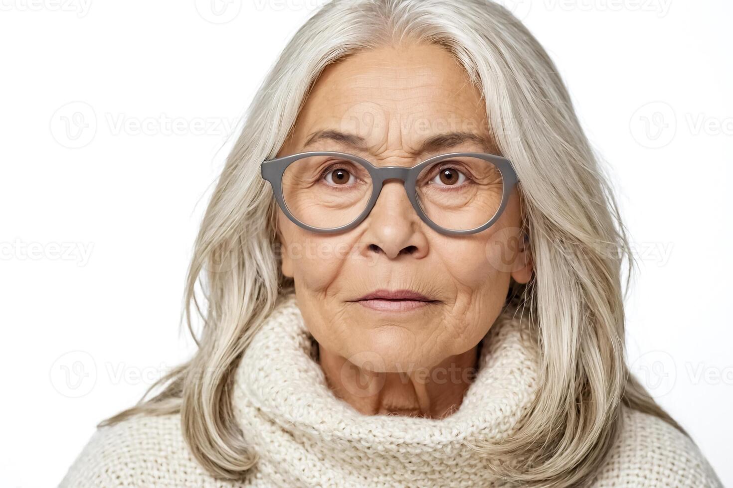 Close-up Portrait of a Senior Woman with Gray Hair and Glasses photo