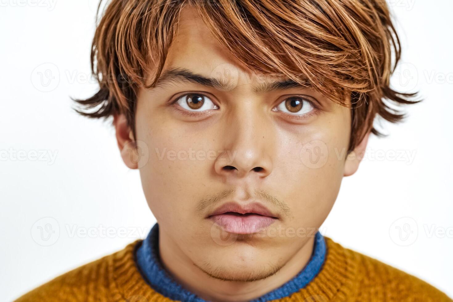 Close-up portrait of a young man with brown hair and a serious expression photo