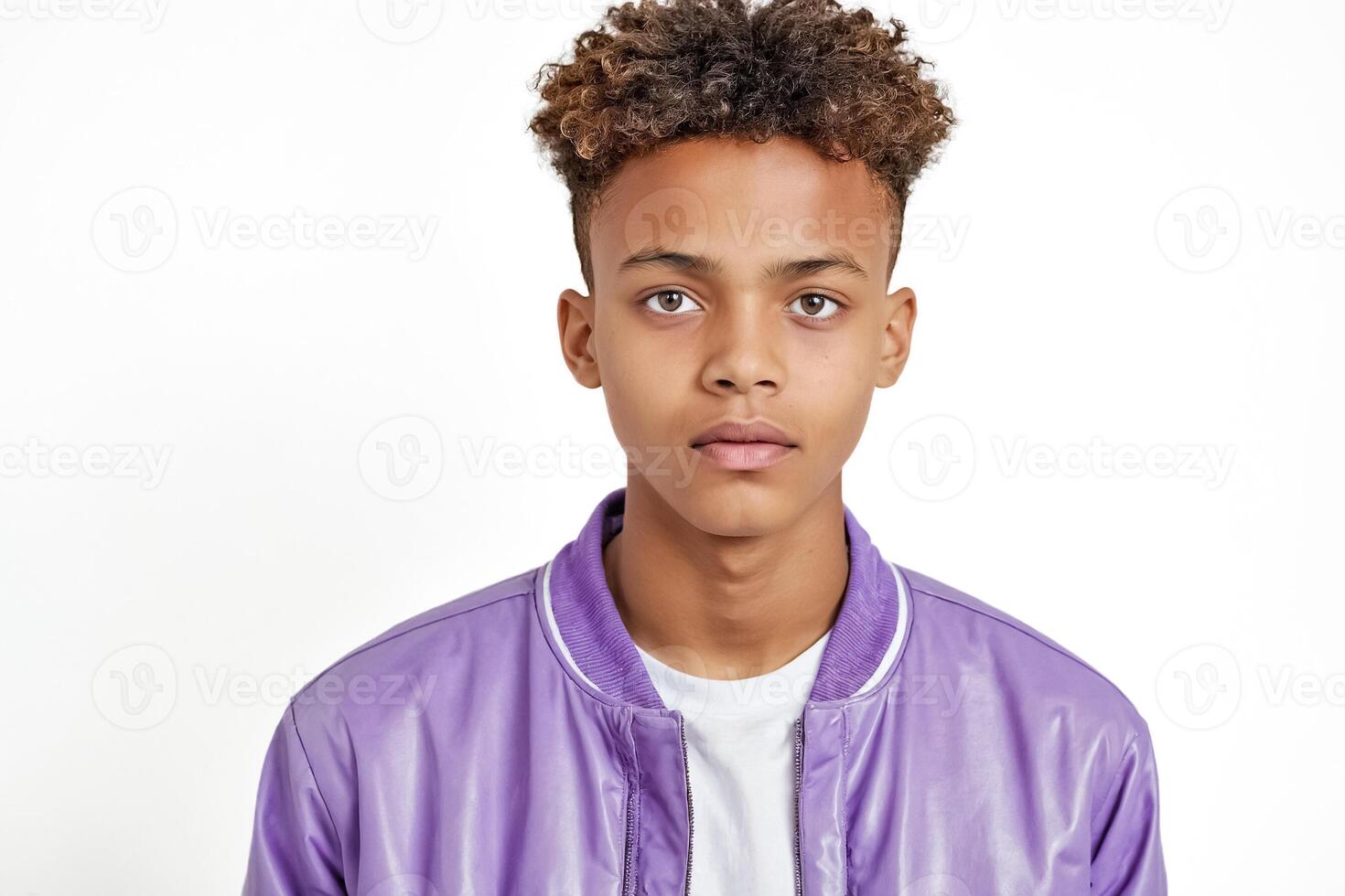 Young Man in Purple Jacket Looks Directly at Camera photo