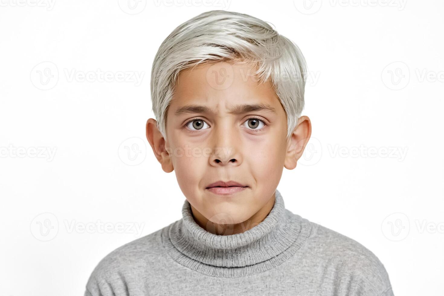 Portrait of a young boy with blonde hair looking concerned photo