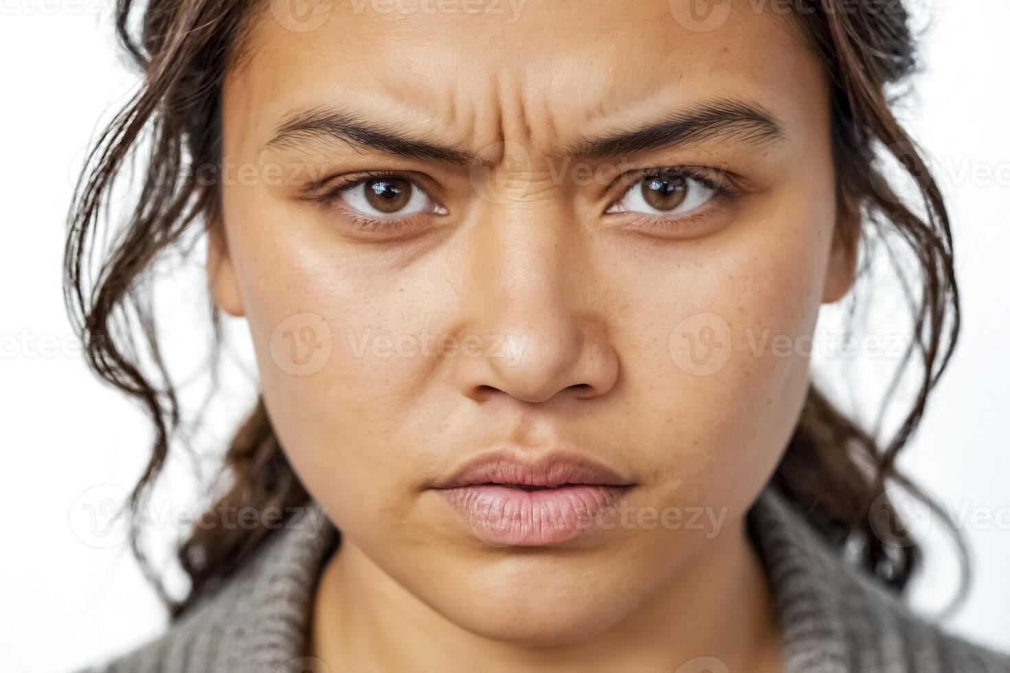 Closeup portrait of a young woman with a serious expression photo