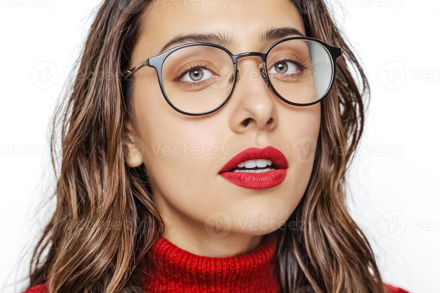 Close-up portrait of a beautiful young woman with red lips and glasses photo