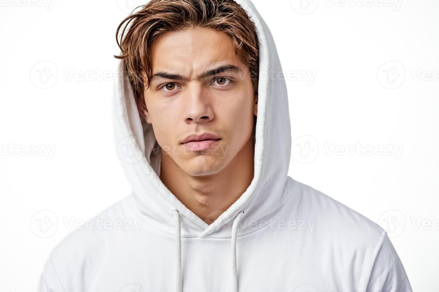Young Man Wearing a White Hoodie photo