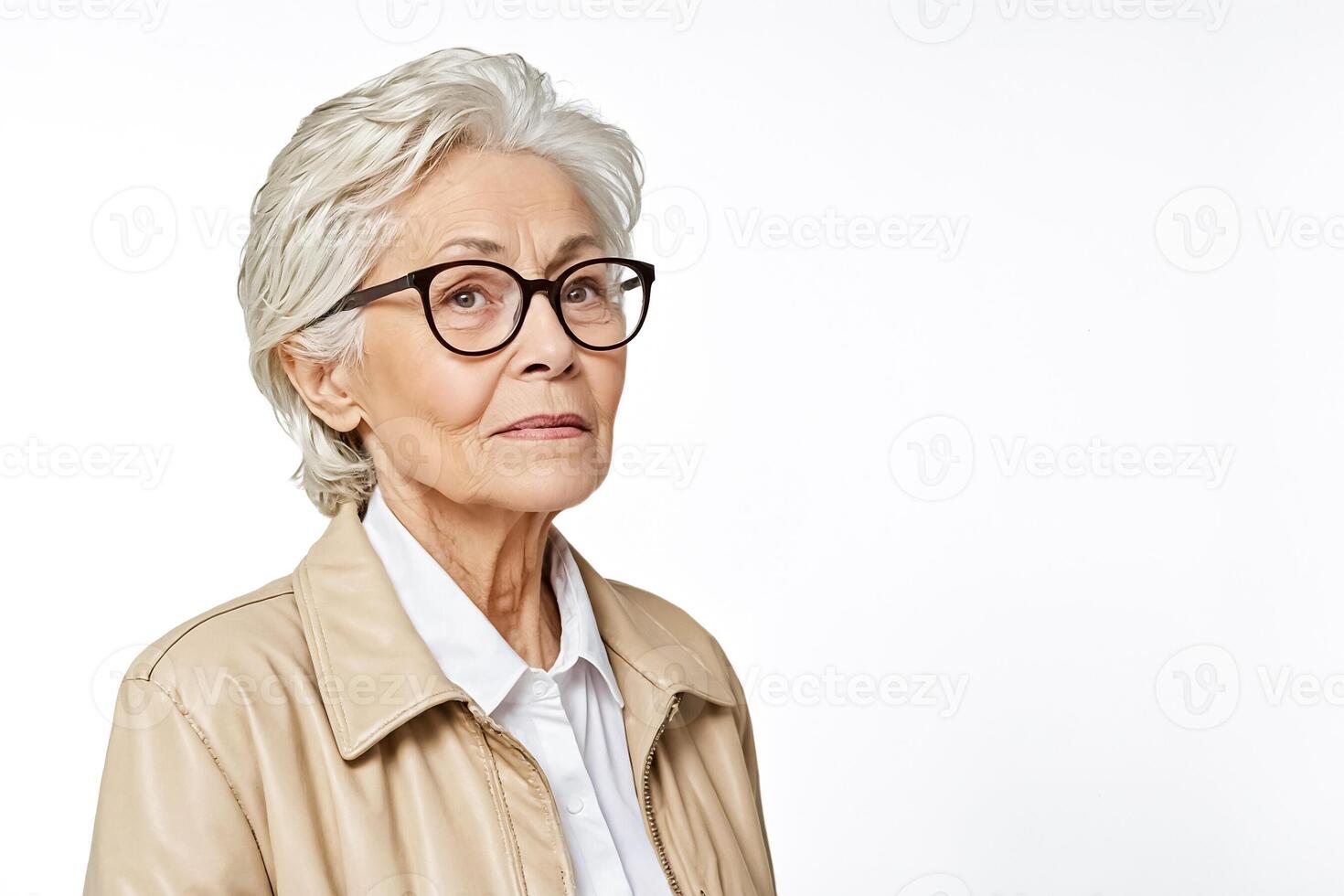 Senior Woman with Glasses Wearing Leather Jacket Looking to the Right photo