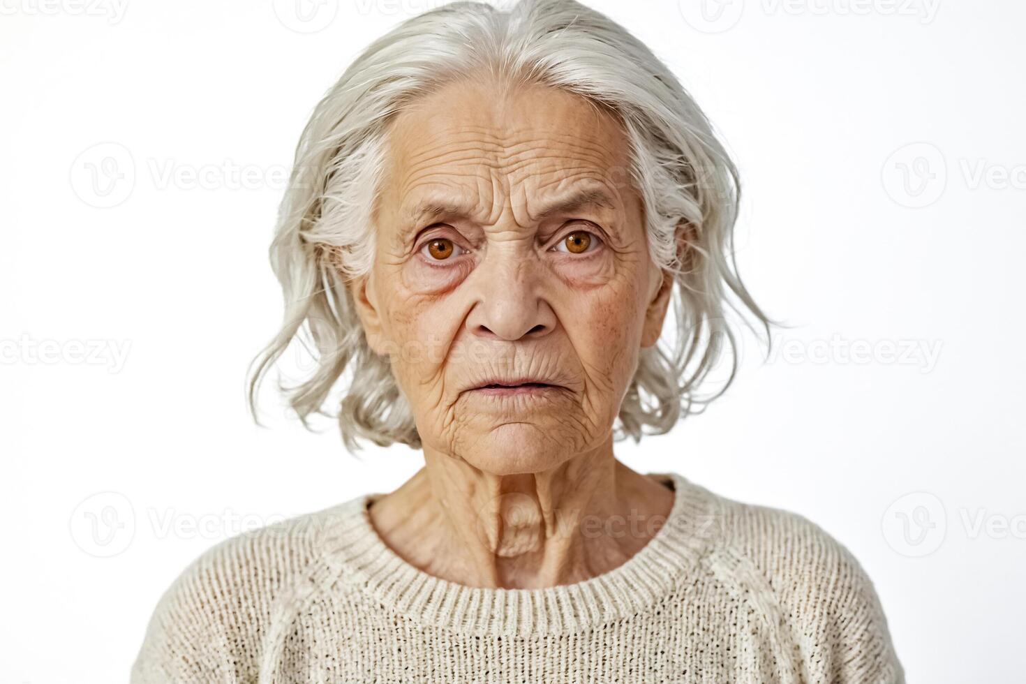 Portrait of a Senior Woman with Gray Hair and Wrinkled Skin photo