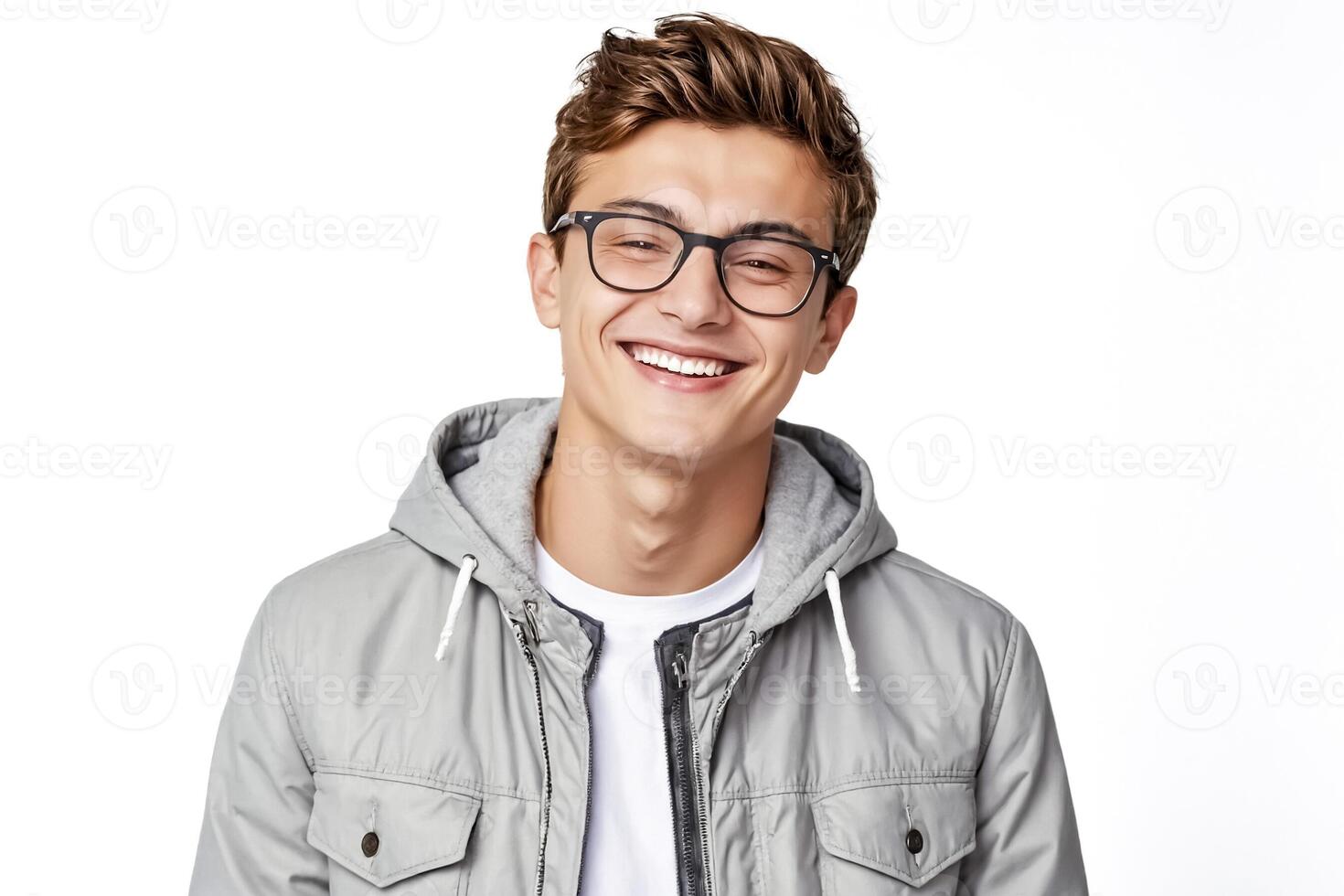 Portrait of a Smiling Young Man in a Grey Jacket photo