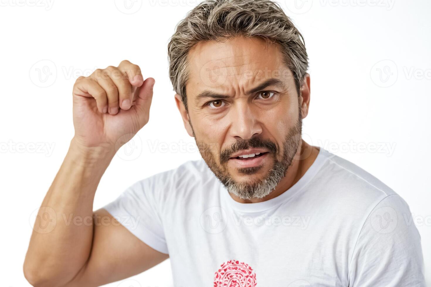 Portrait of a skeptical man with a white t-shirt photo