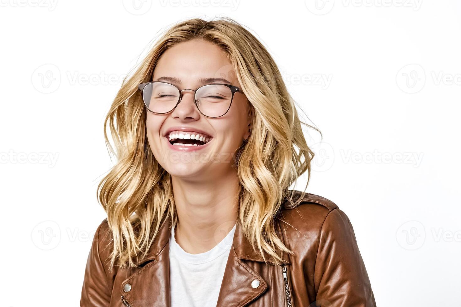 Happy young woman in glasses laughing photo