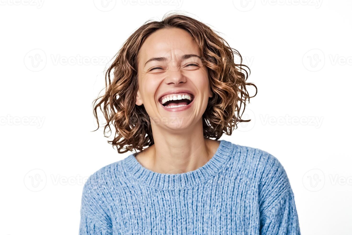 Happy woman laughing with white background photo