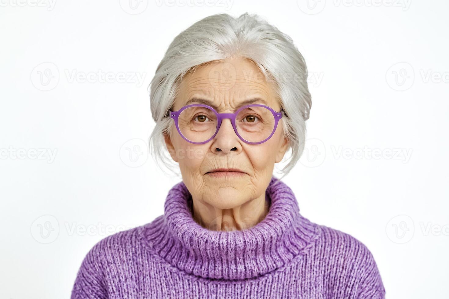 Elderly Woman in Purple Sweater Looking Seriously at Camera photo