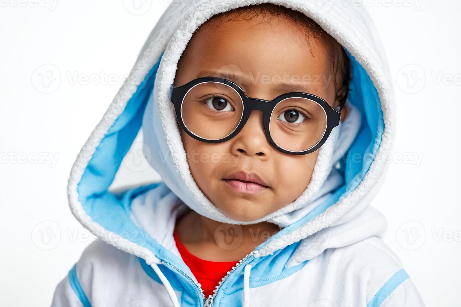 Little girl wearing glasses and a blue and white hoodie photo